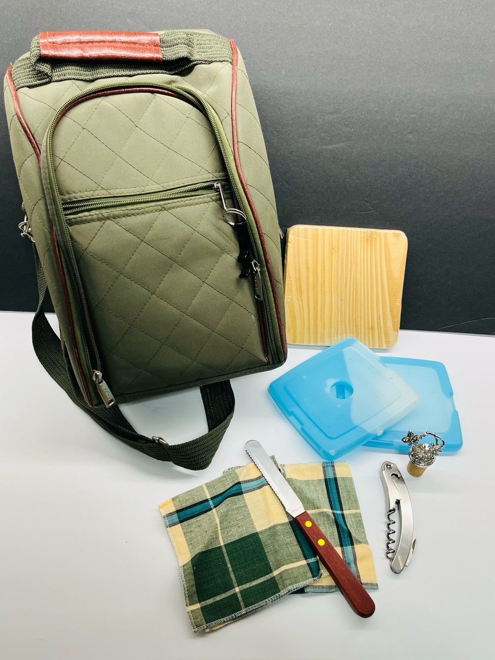 Olive Green Checked Insulated Picnic Outdoor Backpack Set w/ utensils